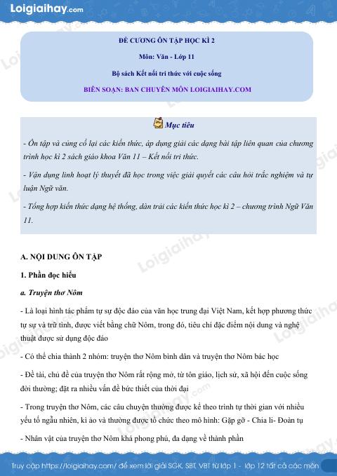 ĐỀ CƯƠNG ÔN TẬP HK2 Văn 11 Kết nối tri thức có đáp án